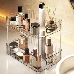 CESTATIVO Bathroom Organizer Countertop, 2 Tier Vanity Tray, Skincare Makeup Organizer Shelf, Vanity Organizer, Bathroom Counter Shelf for Cosmetics, Toiletries, Lotions, Perfumes, Clear