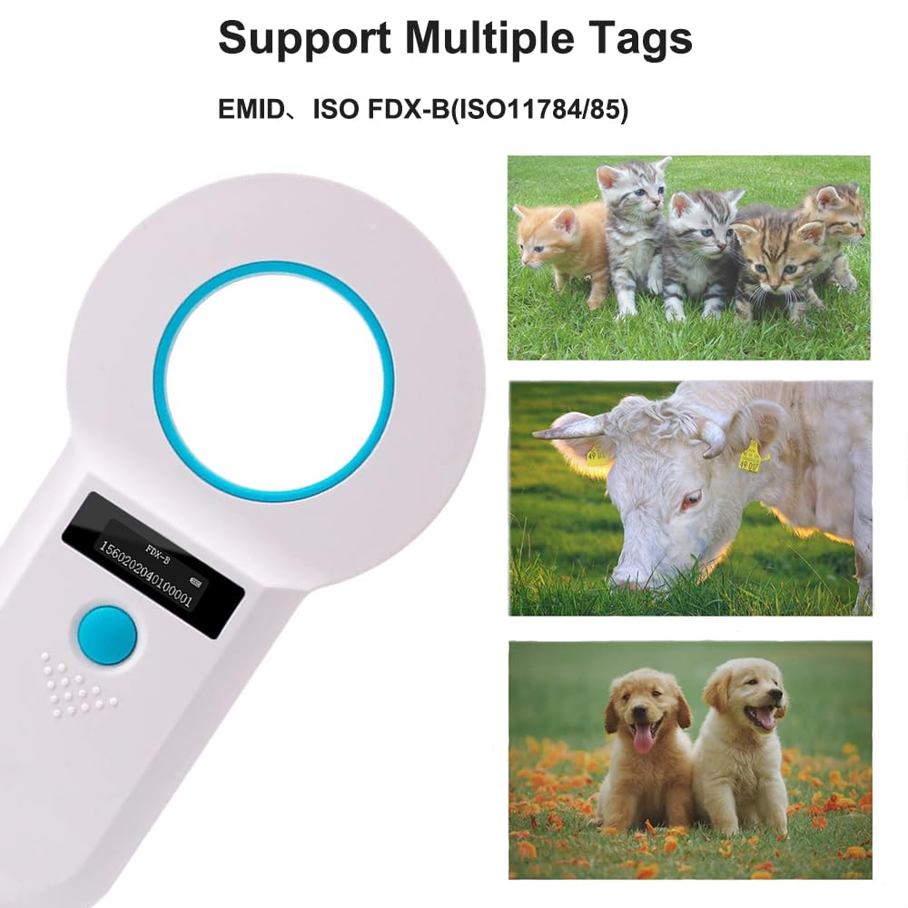 Rabitpos Pet Microchip Reader Scanner, 128 Data Storage Animal Tag Scanner Rechargeable Handheld Pet Chip ID Scanner with Stable OLED Display for ISO 11784/11785,FDX-B