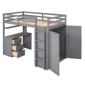 Harper & Bright Designs Twin Size Loft Bed Solid Wooden Loft Bed Frame with Drawers,Desk,and Wardrobe & Safety Guardrail for Kids, Boys and Girls,Teens, No Box Spring Needed (Grey)