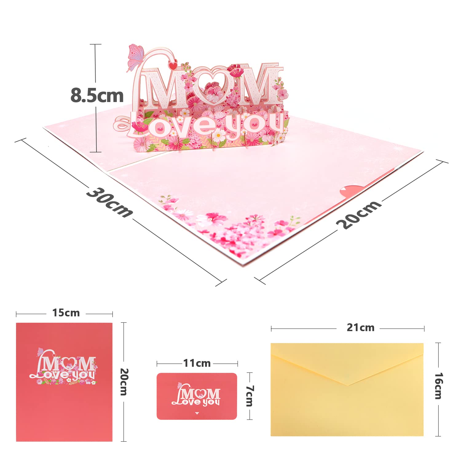 WHOLEV “Mom Love You” Pop Up Card, 6 X 8”, 3D Double Layer Handcrafted Greeting Card For Mothers Day, Birthday Gift Card with Envelopes For Mom Wife Grandma Thanksgiving Cards, Greeting Cards Gifts