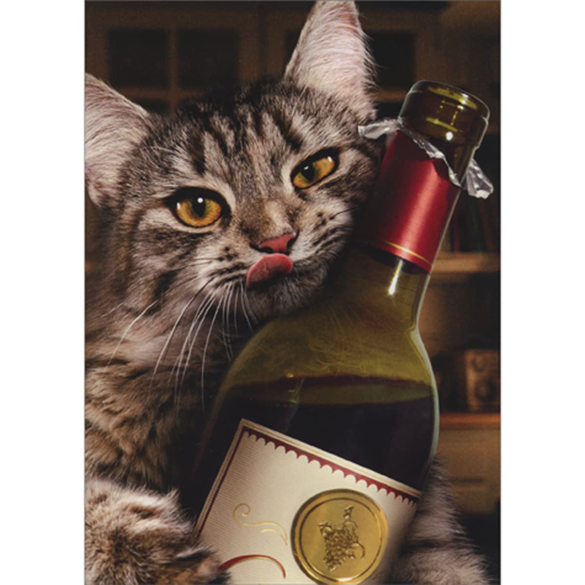 Avanti Press Cat Licking Lips While Holding Wine Bottle Alcohol Themed Funny/Humorous Birthday Card