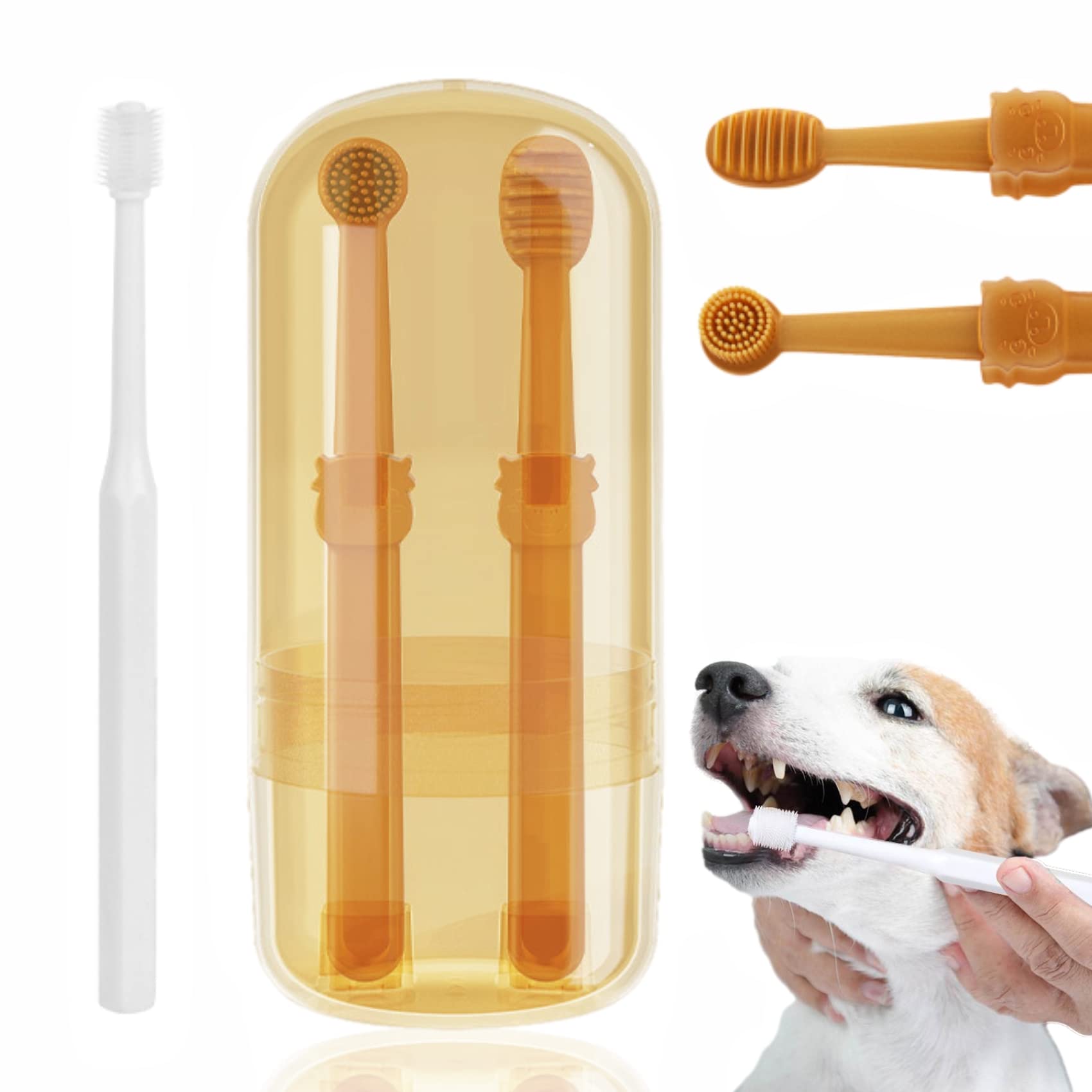 Tsxurepaw Cat & Dog Toothbrush Kit, 360 Degree Silicone Toothbrush with Storage Cup, 3 Pack Doggie Kitten Toothbrushes Tongue Cleaning Brush, Dental Care for Ferret Dutch Pigs