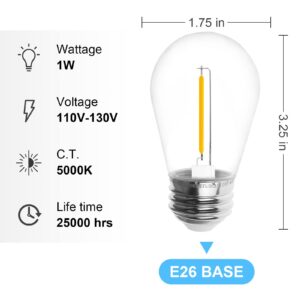 Jslinter S14 5000K Daylight Outdoor String Lights Bulbs Replacement, Shatterproof & Waterproof, 1 Watt LED 11W Equivalent, E26 Base Non-dimmable, Edison Vintage Style for Patio Garden, 24-Pack