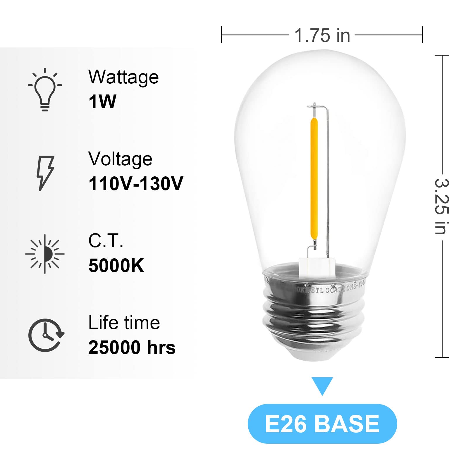 Jslinter S14 5000K Daylight Outdoor String Lights Bulbs Replacement, Shatterproof & Waterproof, 1 Watt LED 11W Equivalent, E26 Base Non-dimmable, Edison Vintage Style for Patio Garden, 24-Pack