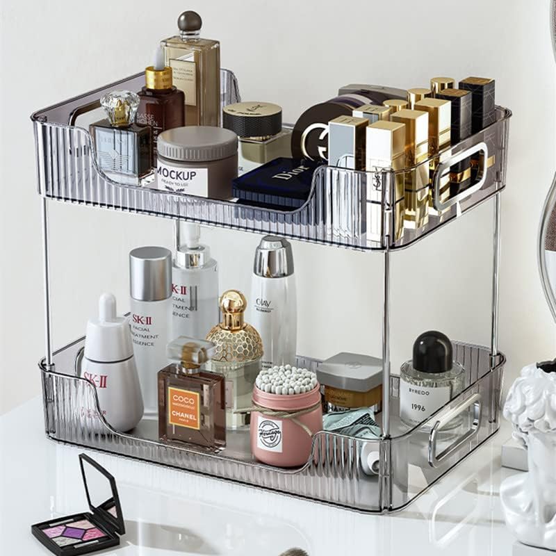 CESTATIVO Bathroom Organizer Countertop, 2 Tier Vanity Tray, Skincare Makeup Organizer Shelf, Vanity Organizer, Bathroom Counter Shelf for Cosmetics, Toiletries, Lotions, Perfumes, Clear