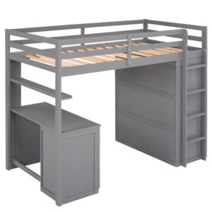 Harper & Bright Designs Twin Size Loft Bed Solid Wooden Loft Bed Frame with Drawers,Desk,and Wardrobe & Safety Guardrail for Kids, Boys and Girls,Teens, No Box Spring Needed (Grey)