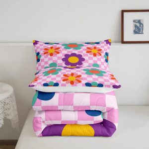 Groovy Flower Comforter Set Twin for Kids,Retro Kawaii Florals Bedding Y2K Room Decor for Teens Girls,Hippie Aesthetic Funny Blossom Quilt Pink Buffalo Plaid Duvet Insert with 1 Pillowcase