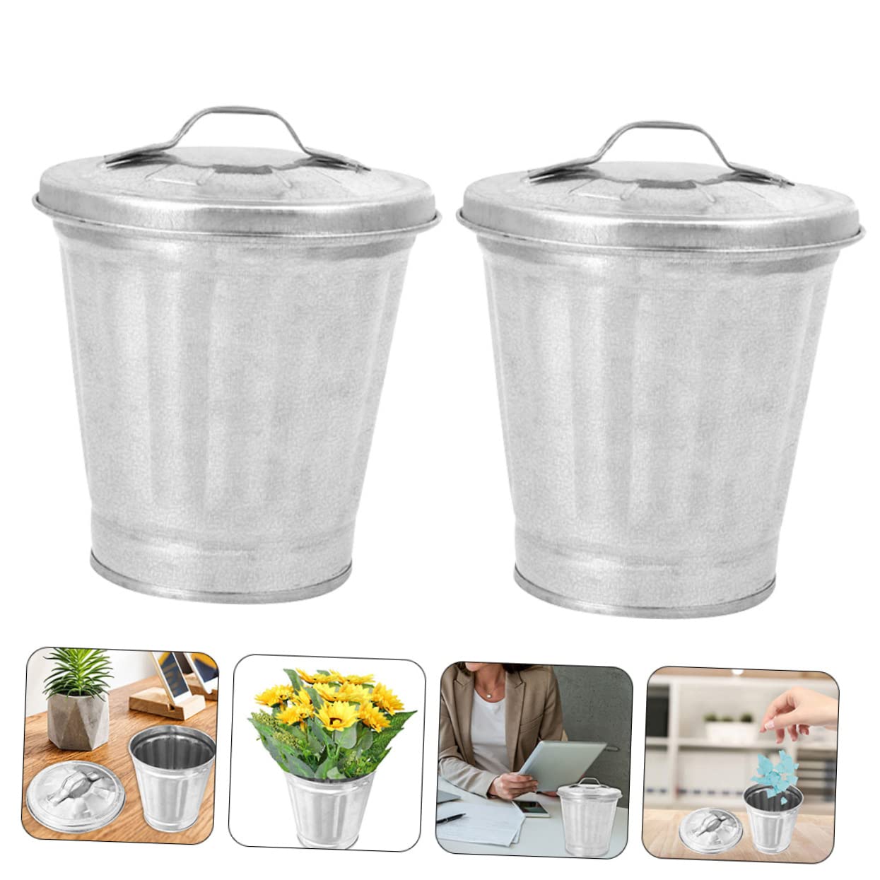 Gadpiparty Indoor Planters 2pcs Mini Desktop Trash Can with Lid Small Garbage Bin Can Tiny Metal Rubbish Bin Multipurpose Storage Buckets Garbage Containers for Home Office Outdoor Planters