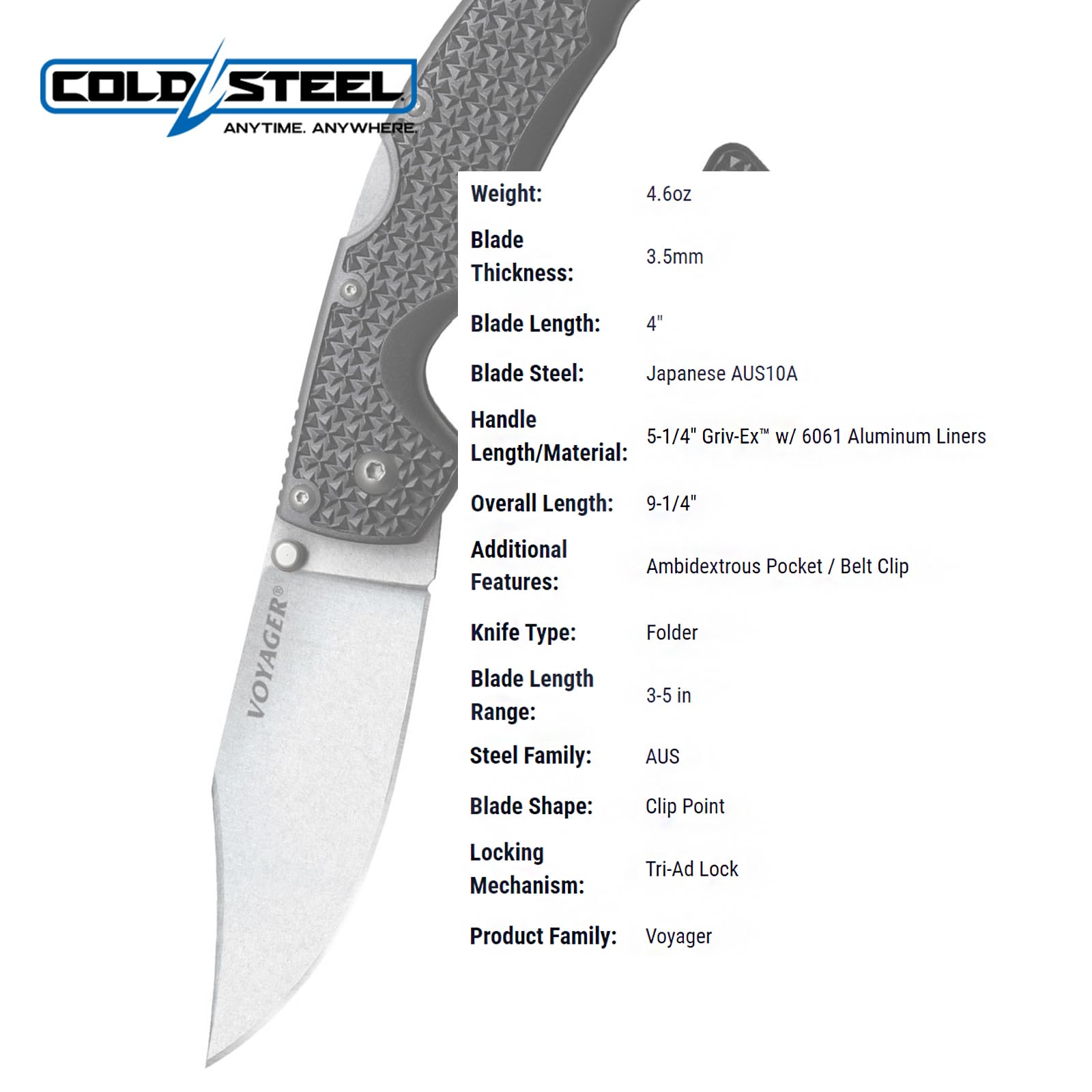 Cold Steel Voyager Large 4" AUS10A Clip Point Razor-Sharp Blade 5.25" Griv-Ex Handle Everyday Carry Tactical Folding Knife, Blister Pack