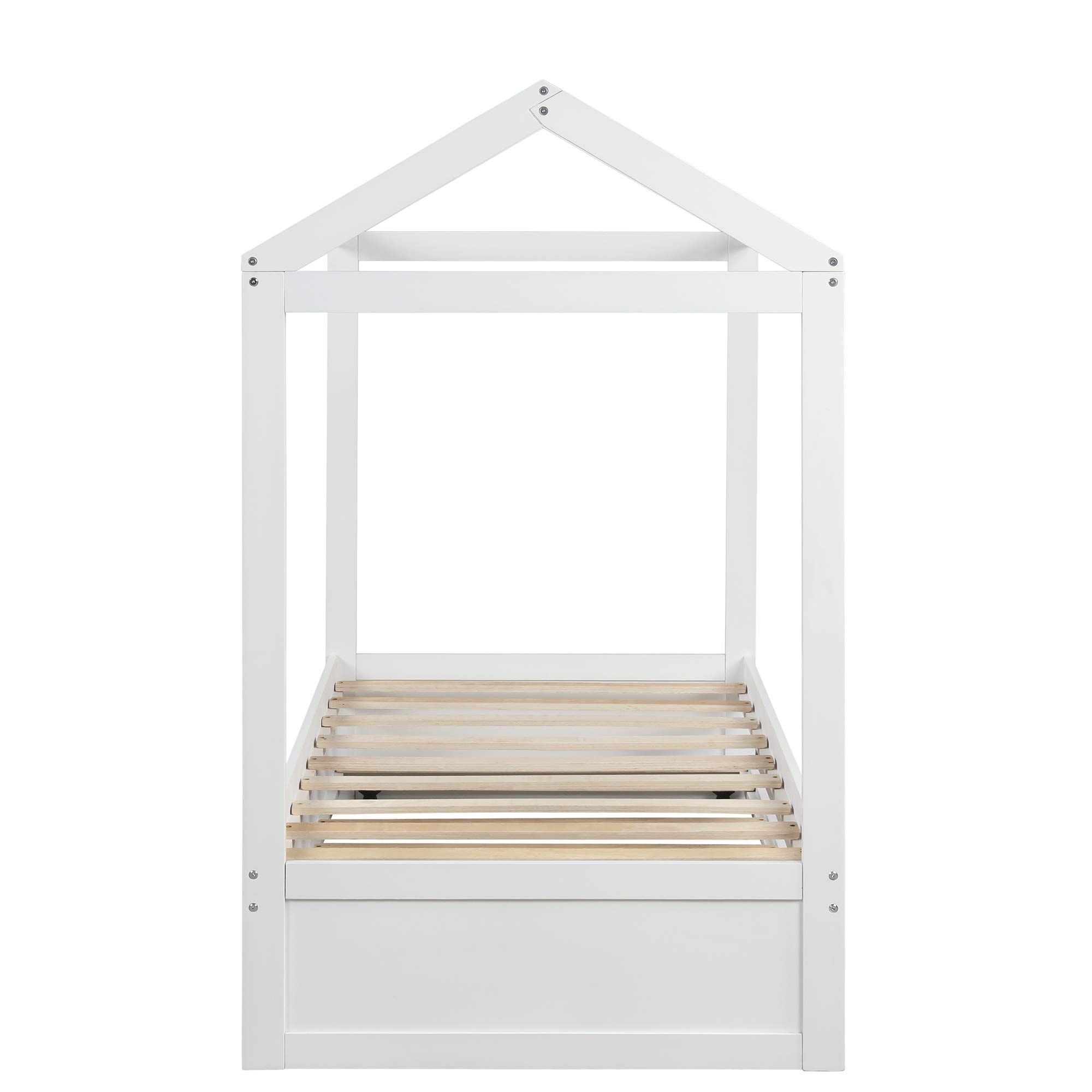 House Bed with Trundle, Twin Size House Bed Frame w/Roof for Kids Boys Girls Teens,Can Be Decorated,Wood Slat Support/No Box Spring Required,White