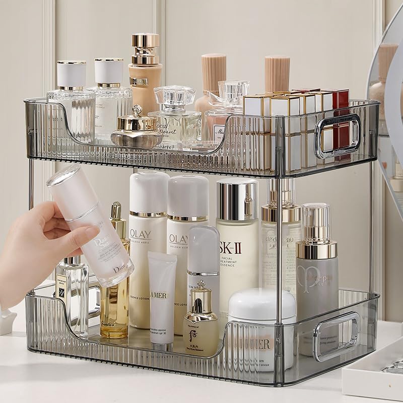 CESTATIVO Bathroom Organizer Countertop, 2 Tier Vanity Tray, Skincare Makeup Organizer Shelf, Vanity Organizer, Bathroom Counter Shelf for Cosmetics, Toiletries, Lotions, Perfumes, Clear