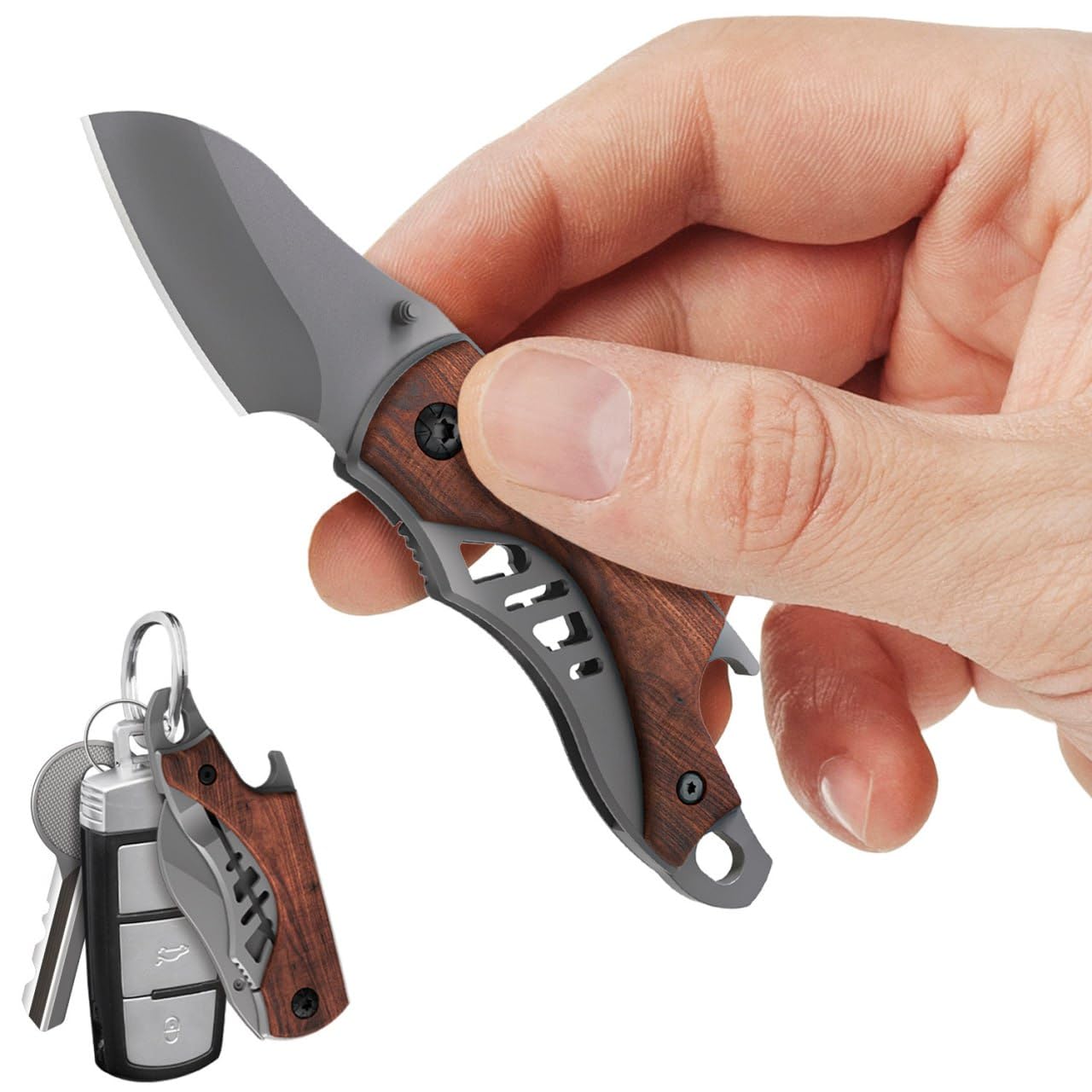 Small Pocket Knife for Men - 5.7’’ Keychain Knife with Bottle Opener - Box Cutter - Wood Handle - Liner Lock - Legal Mini EDC Folding Knife - Cool Sharp Tiny Knives - Gift for Everyone 6779N