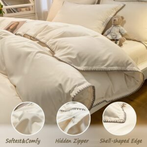 OranFran Beige Duvet Cover Set,3 Pieces Washed Microfiber Duvet Cover Set,Comforter Cover with Shell-Shaped Edge,King Bedding Set,Soft and Breathable(Beige,King/California King)