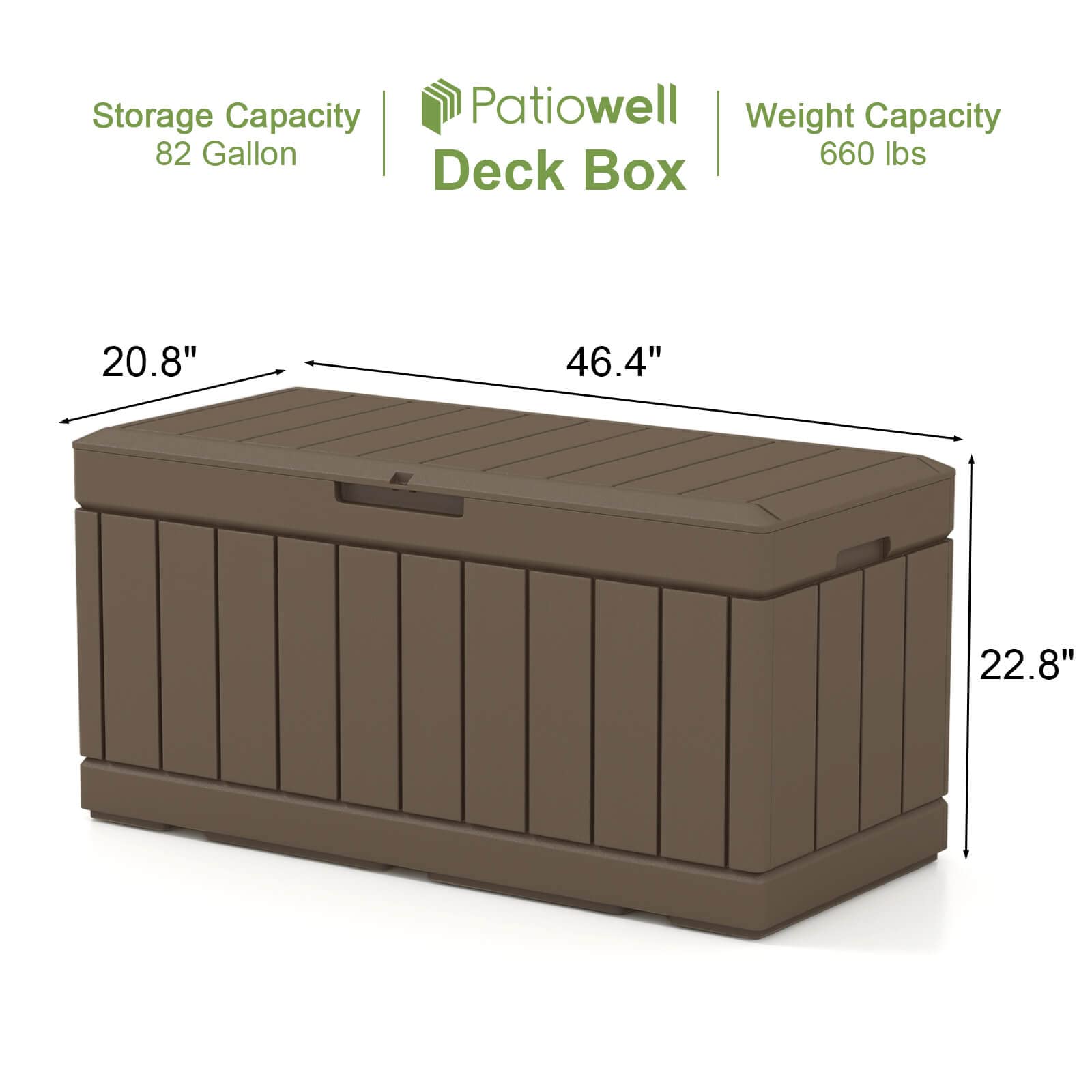 Patiowell 82 Gallon Resin Deck Box, Waterproof Large Wood Look Storage Box for Patio Furniture, Pool Accessories, Garden Tools and Sports Equipment, Lockable, Brown