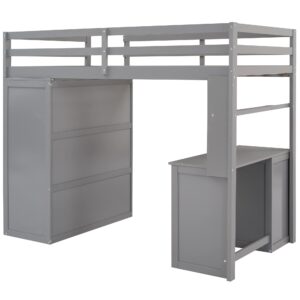 Harper & Bright Designs Twin Size Loft Bed Solid Wooden Loft Bed Frame with Drawers,Desk,and Wardrobe & Safety Guardrail for Kids, Boys and Girls,Teens, No Box Spring Needed (Grey)