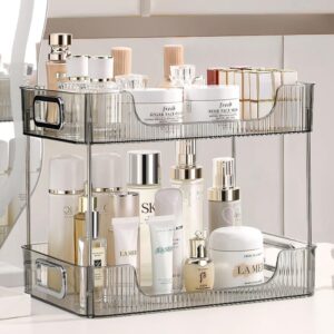 CESTATIVO Bathroom Organizer Countertop, 2 Tier Vanity Tray, Skincare Makeup Organizer Shelf, Vanity Organizer, Bathroom Counter Shelf for Cosmetics, Toiletries, Lotions, Perfumes, Clear