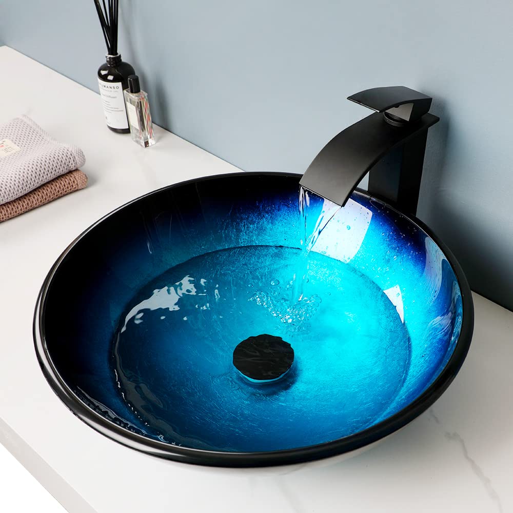 MEKKHALA Blue Bathroom Sinks Balck Glass Vessel Sinks for Bathroom Countertop Round Vanity Sink Bowl Combos Black Mixer Faucet and Drain Set Glass Basin Bowl for Bathrooms Large