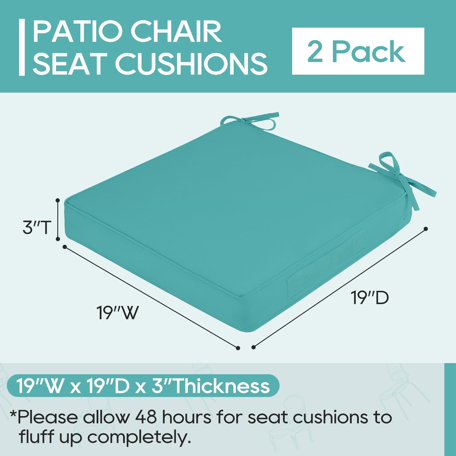 LOVTEX 19x19 Outdoor Chair Cushions Set of 2, Waterproof Patio Cushions for Outdoor Furniture with Removable Cover, Thick Outdoor Seat Cushions for Chairs with Straps and Portable Handle(Teal)