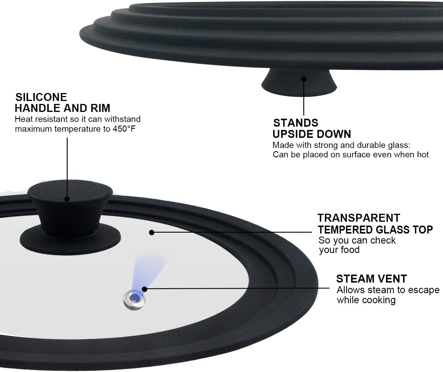 Universal Lid for Pots, Pans and Skillets Fits 7", 8" and 9" Diameter Cookware - Walfos Tempered Glass Pan Lid with Heat Resistant Silicone Rim, Multi-purpose BPA Free Pot Lids, Dishwasher-Safe, Black