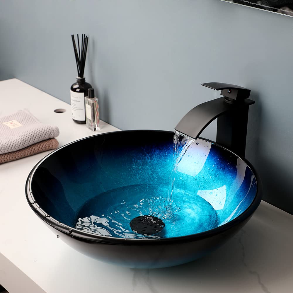 MEKKHALA Blue Bathroom Sinks Balck Glass Vessel Sinks for Bathroom Countertop Round Vanity Sink Bowl Combos Black Mixer Faucet and Drain Set Glass Basin Bowl for Bathrooms Large