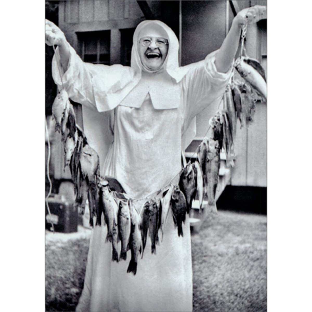 Avanti Press Smiling Nun Holding String of Fish Black and White Photo Funny/Humorous America Collection Birthday Card