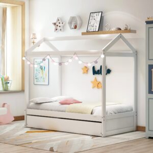 House Bed with Trundle, Twin Size House Bed Frame w/Roof for Kids Boys Girls Teens,Can Be Decorated,Wood Slat Support/No Box Spring Required,White