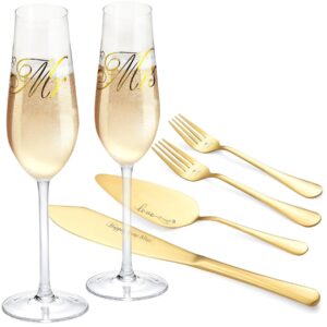 iooiluxry wedding cake knife and server set, mr and mrs champagne flutes with cake cutting set for wedding, wedding glasses for bride and groom (gold)