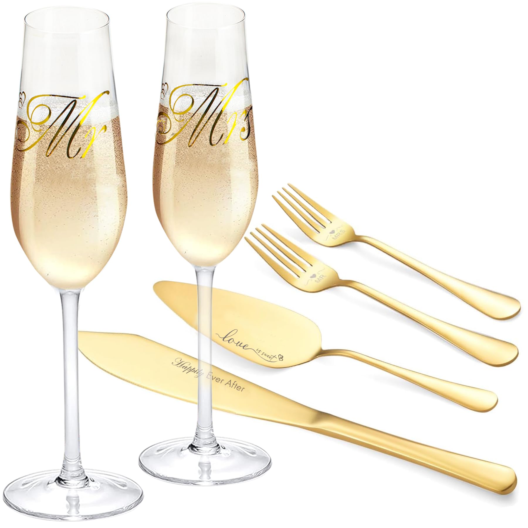 iooiluxry Wedding Cake Knife And Server Set, Mr and Mrs Champagne Flutes With Cake Cutting Set For Wedding, Wedding Glasses For Bride And Groom (Gold)