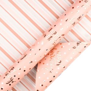 LeZakaa Reversible Birthday Wrapping Paper Roll - Happy Birthday Lettering & Stripe Design with Metallic Foil in Pink - 17 inches x 32.8 Feet (46.45 sq.ft.)