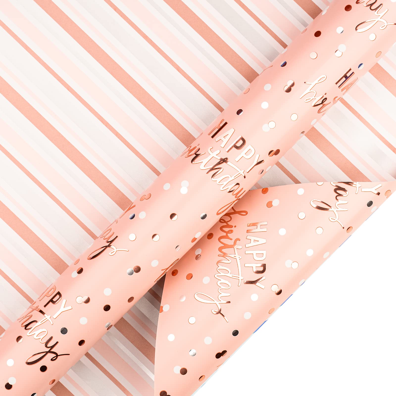 LeZakaa Reversible Birthday Wrapping Paper Roll - Happy Birthday Lettering & Stripe Design with Metallic Foil in Pink - 17 inches x 32.8 Feet (46.45 sq.ft.)