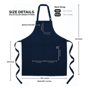 Professional Grade Premium Chef Kitchen Aprons for Cooking with Three Pockets, Water and Stain-Resistant, Machine Washable, Cute Cooking Aprons for Women and Men (Plain, Navy Blue)