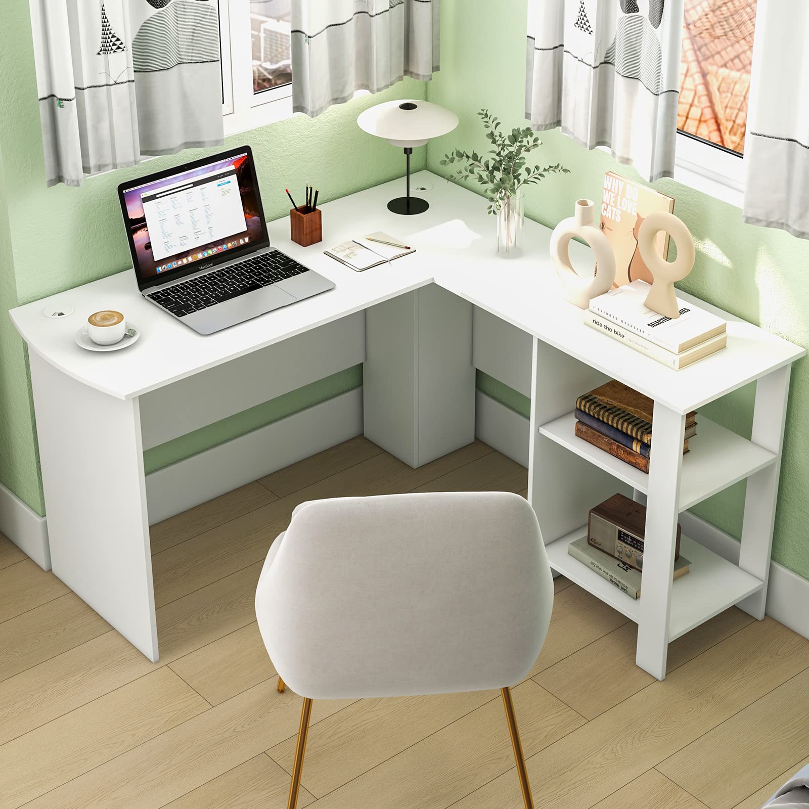 Tangkula White L Shaped Desk with Storage Shelves, Wooden Corner Computer Desk, Space-Saving Home Office Workstation, Gaming Desk, Writing Study Desk, L Shaped Office Desk