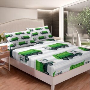 jejeloiu Garbage Truck Bed Sheets Set Boys Cartoon Car Sheet Set for Kids Teens Ultra Soft Equipment Trucks Sheets with Deep Pocket Fitted Sheet Vehicles Green White Bedding Set Room Decor Full Size