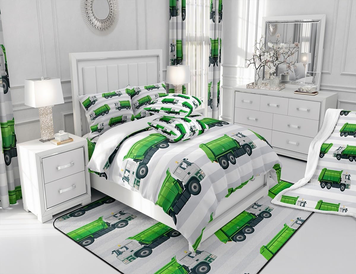 jejeloiu Garbage Truck Bed Sheets Set Boys Cartoon Car Sheet Set for Kids Teens Ultra Soft Equipment Trucks Sheets with Deep Pocket Fitted Sheet Vehicles Green White Bedding Set Room Decor Full Size