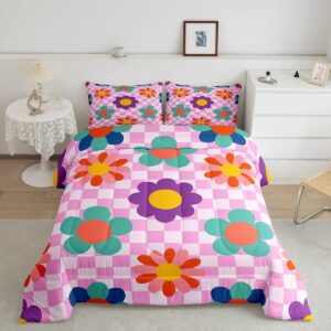 groovy flower comforter set twin for kids,retro kawaii florals bedding y2k room decor for teens girls,hippie aesthetic funny blossom quilt pink buffalo plaid duvet insert with 1 pillowcase