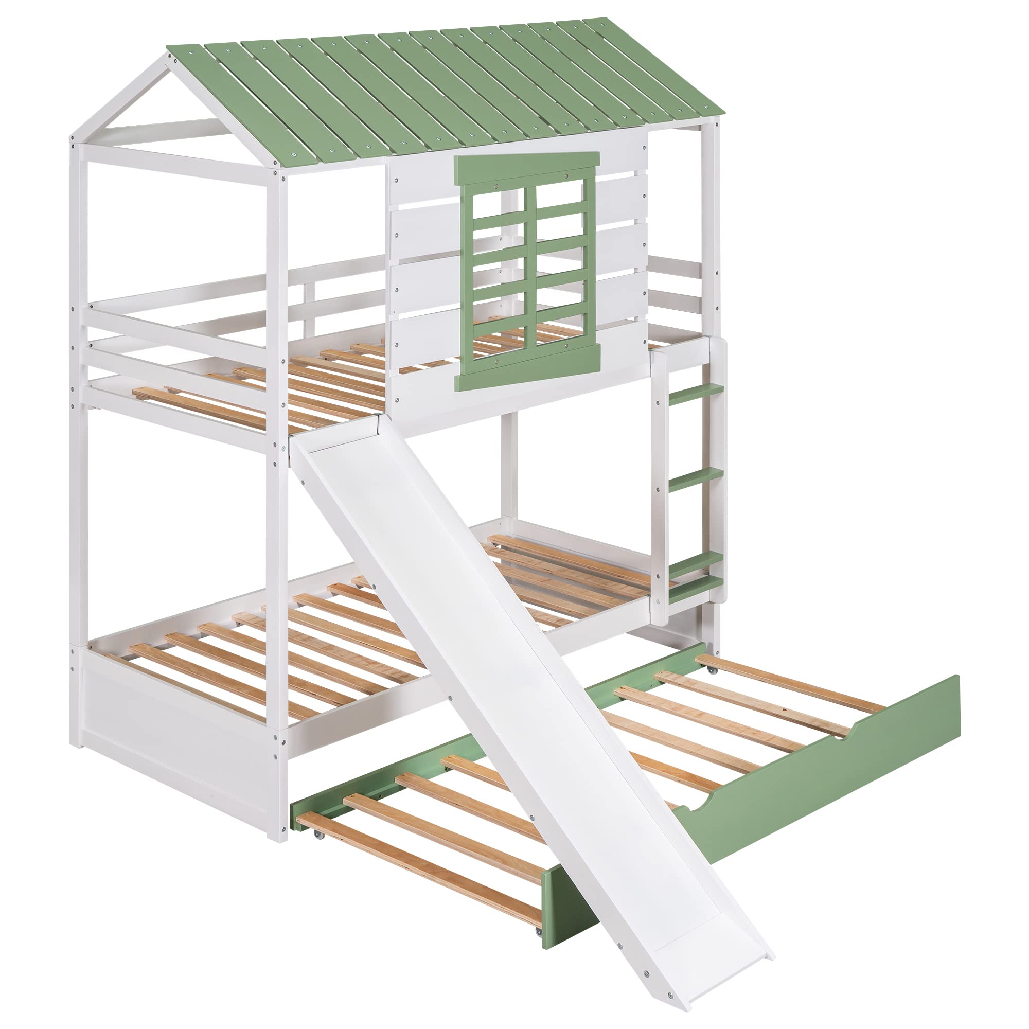 MERITLINE House Bunk Bed with Slide for Kids,Twin Over Twin Bunk Bed with Trundle and Ladder,Wood Bunk Bed Frame with Roof and Window Design, for Kids Girls Boys(White+Green)