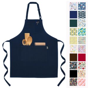 professional grade premium chef kitchen aprons for cooking with three pockets, water and stain-resistant, machine washable, cute cooking aprons for women and men (plain, navy blue)