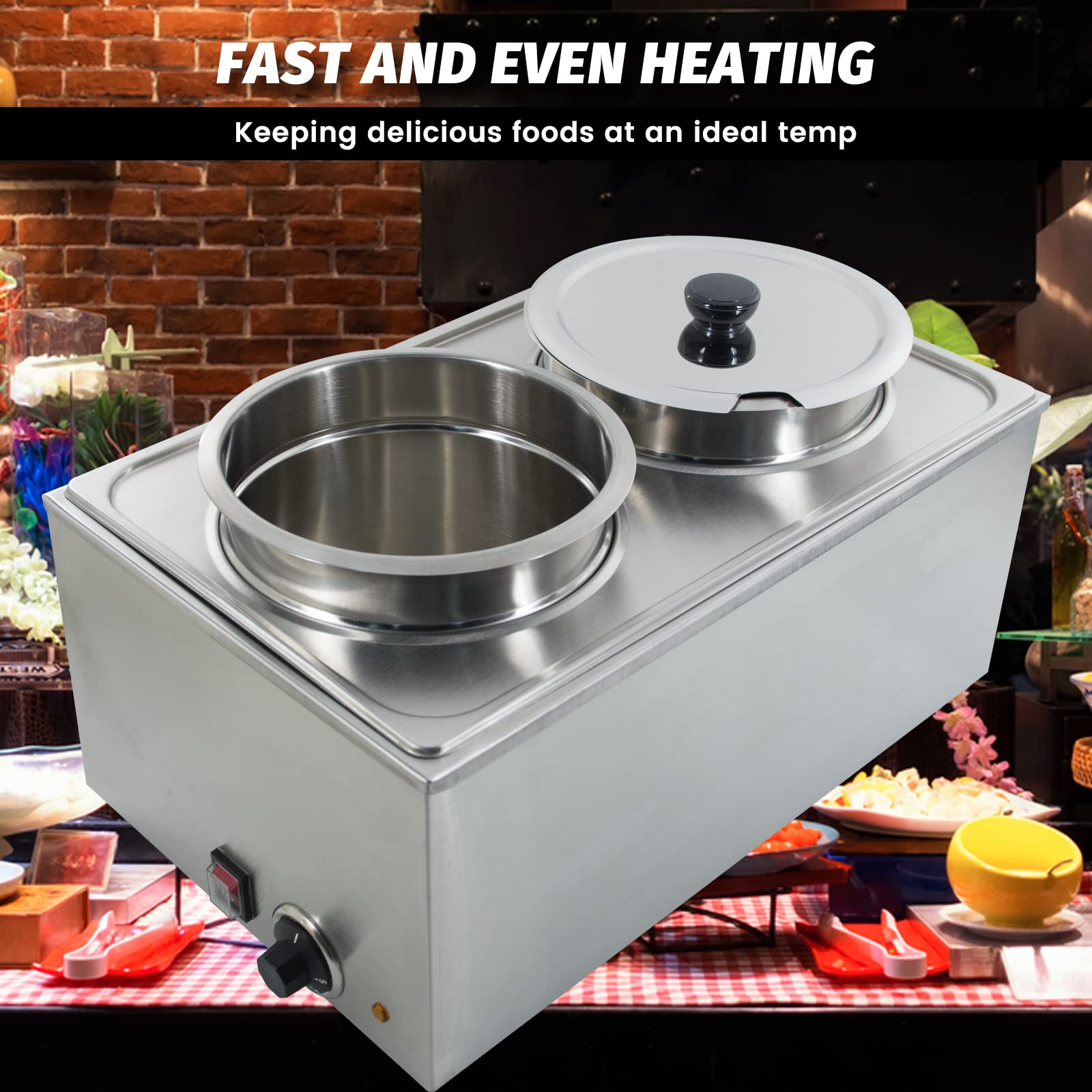 Commercial Food Warmer 2X8L Round Pot Steam Table Food Warmer Buffet Bain Marie with Temperature Control & Lids, Electric Soup Warmer for Catering and Restaurants - 120V, 1200W