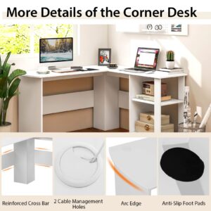 Tangkula White L Shaped Desk with Storage Shelves, Wooden Corner Computer Desk, Space-Saving Home Office Workstation, Gaming Desk, Writing Study Desk, L Shaped Office Desk