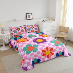 Groovy Flower Comforter Set Twin for Kids,Retro Kawaii Florals Bedding Y2K Room Decor for Teens Girls,Hippie Aesthetic Funny Blossom Quilt Pink Buffalo Plaid Duvet Insert with 1 Pillowcase