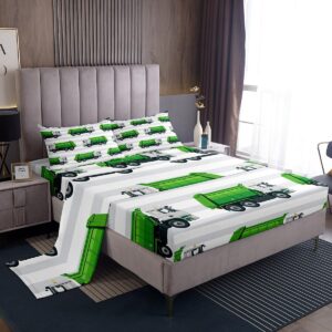 jejeloiu garbage truck bed sheets set boys cartoon car sheet set for kids teens ultra soft equipment trucks sheets with deep pocket fitted sheet vehicles green white bedding set room decor full size