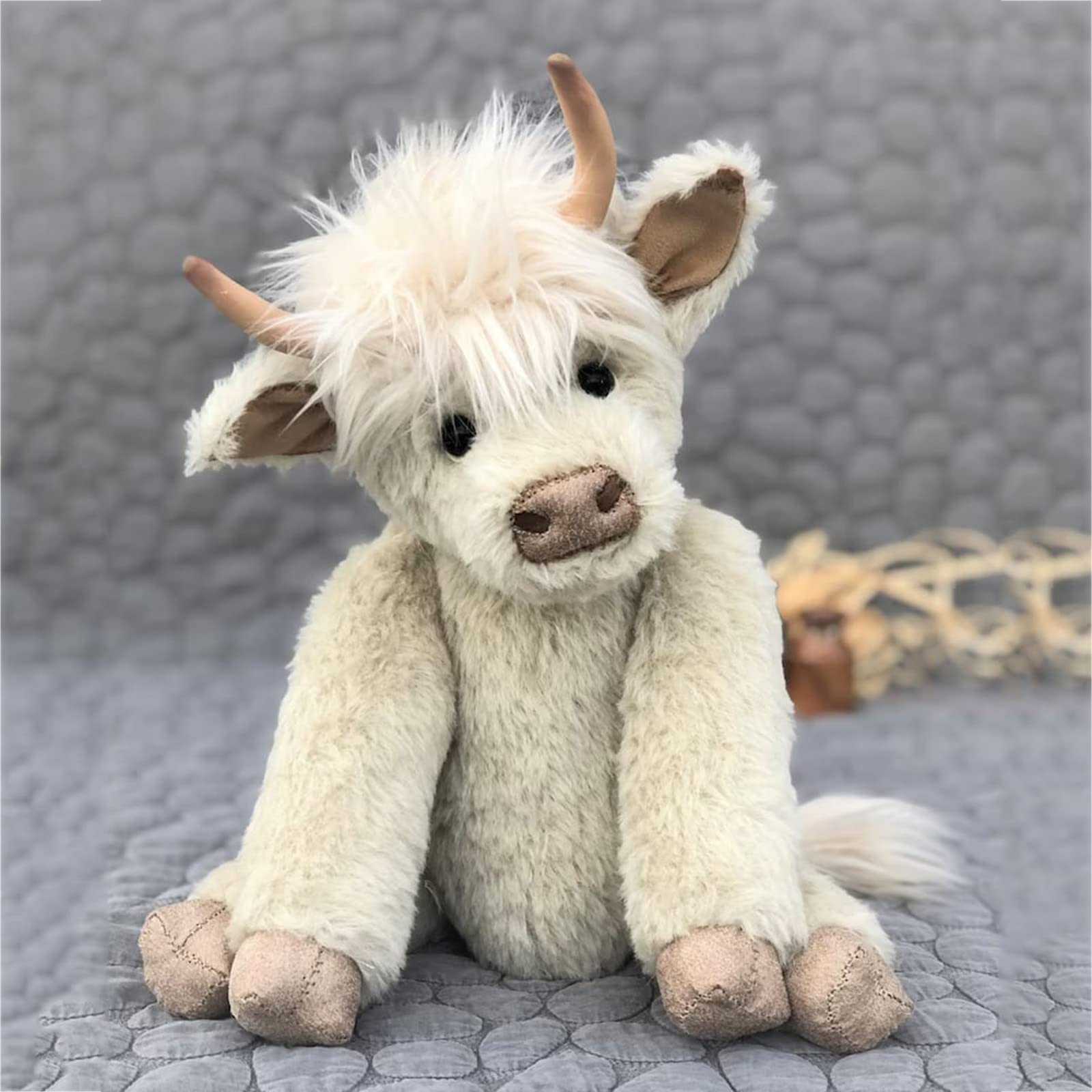 Funthy Scottish Highland Cow Plush, Realistic Cow Stuffed Animals Soft Farm Plushie, Cuddly Highland Cow Accompany Plush Decorative Pillow Birthday Gifts for Boys Girls-White