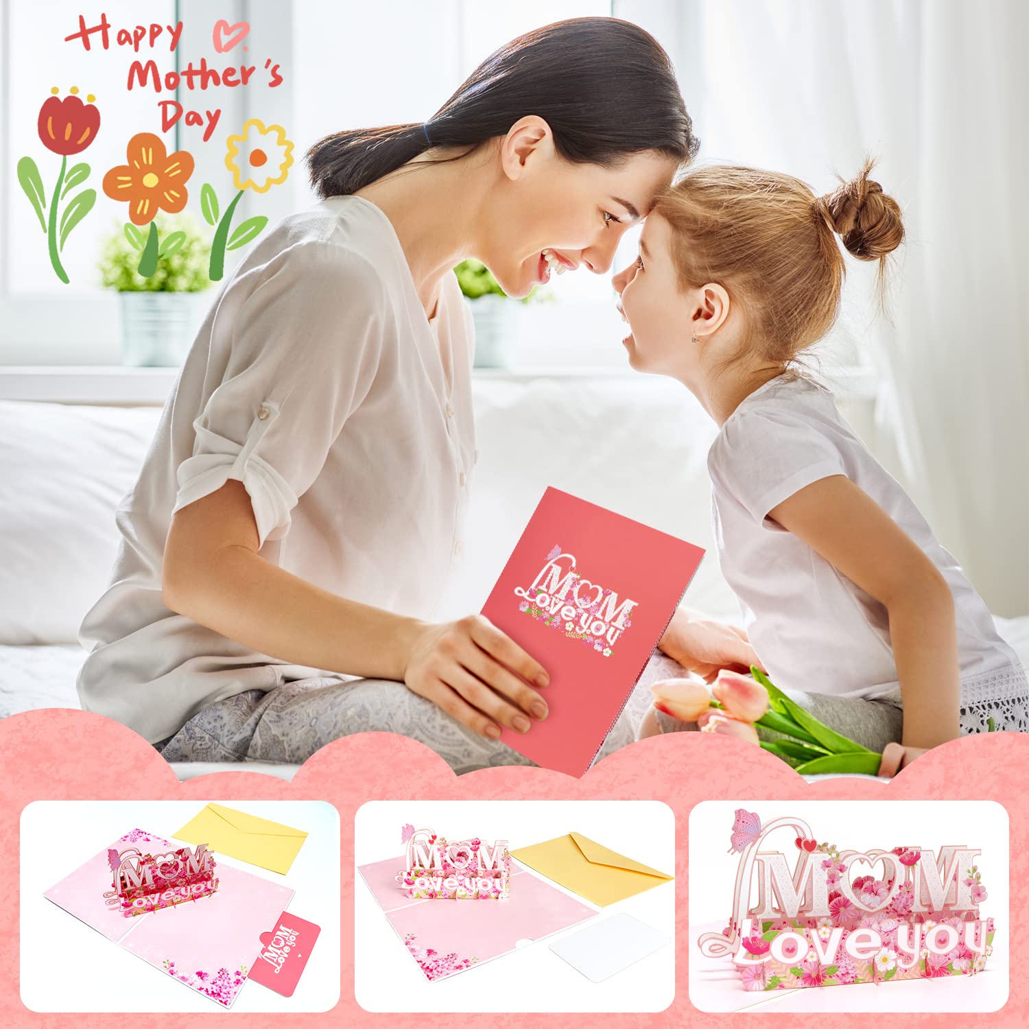 WHOLEV “Mom Love You” Pop Up Card, 6 X 8”, 3D Double Layer Handcrafted Greeting Card For Mothers Day, Birthday Gift Card with Envelopes For Mom Wife Grandma Thanksgiving Cards, Greeting Cards Gifts