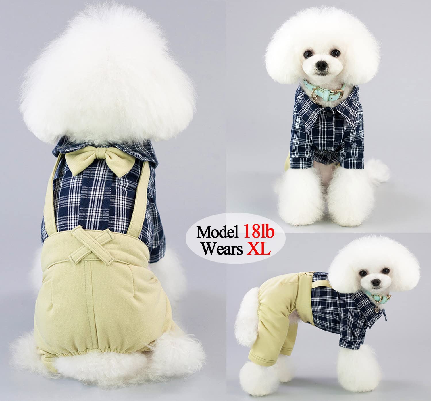 Pet Clothes Dog Shirts Classic Plaid Striped Overall Jumpsuit, Gentle Puppy Wedding Birthday Western Onesies Apparel, Fashion Daily Outfit with Bowtie for Dogs and Cats (Medium, Khaki)