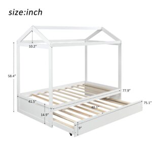 House Bed with Trundle, Twin Size House Bed Frame w/Roof for Kids Boys Girls Teens,Can Be Decorated,Wood Slat Support/No Box Spring Required,White