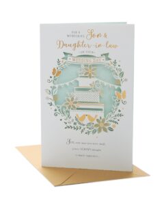 uk greetings son & daughter-in-law wedding card with envelope - pretty cake design