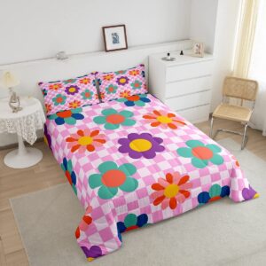 Groovy Flower Comforter Set Twin for Kids,Retro Kawaii Florals Bedding Y2K Room Decor for Teens Girls,Hippie Aesthetic Funny Blossom Quilt Pink Buffalo Plaid Duvet Insert with 1 Pillowcase