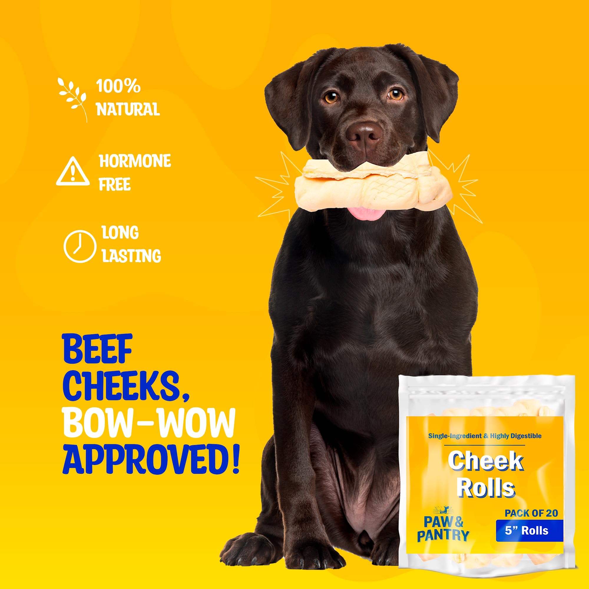 Paw & Pantry 5" All-Natural Beef Cheek Rolls for Dogs (Pack of 8) Beef Cheeks for Dogs - Single-Ingredient, Grain-Free Beef Cheek Rolls for Dogs Large - No Harmful Additives, Great Rawhide Alternative