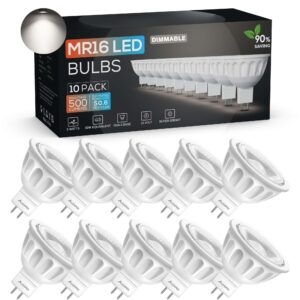 alexpex dimmable mr16 led bulbs, 5000k daylight 500lm bright(50w equivalent), 40-degree, ac/dc 12v gu5.3 bi-pin base bulbs for indoor/outdoor landscape spotlight track recessed lighting, 10 pack