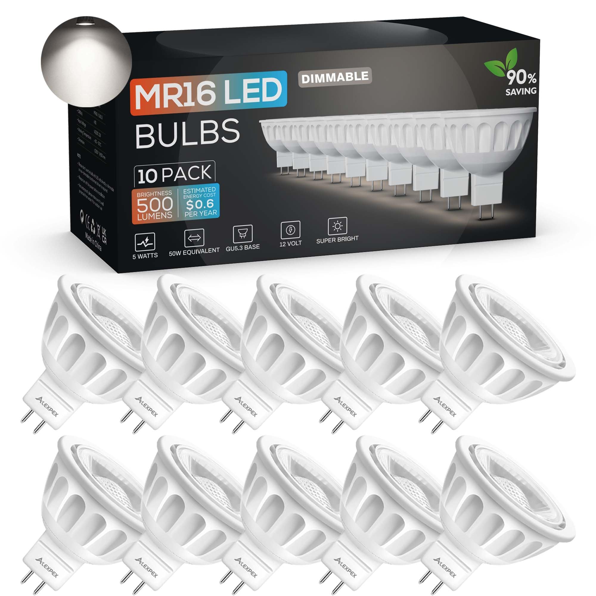 ALEXPEX Dimmable MR16 LED Bulbs, 5000K Daylight 500LM Bright(50W Equivalent), 40-Degree, AC/DC 12V GU5.3 Bi-Pin Base Bulbs for Indoor/Outdoor Landscape Spotlight Track Recessed Lighting, 10 Pack